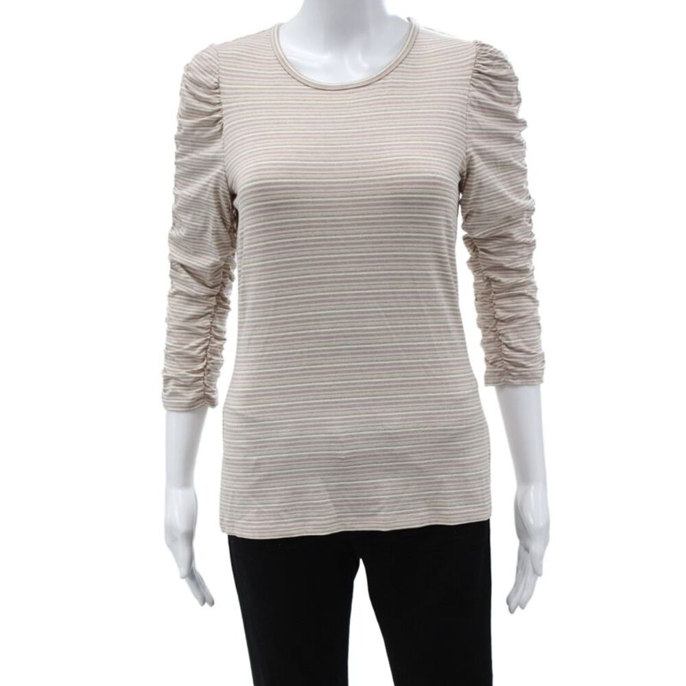 Bailey 44 Womens Jersey Tee Beige Striped 3/4 Sleeve Size S
